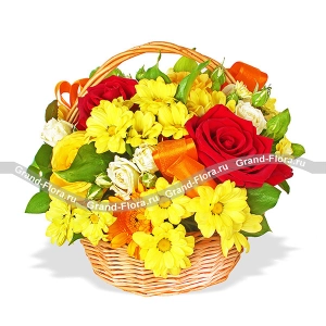 Корзина с розами и хризантемами Корзина с розами и хризантемами